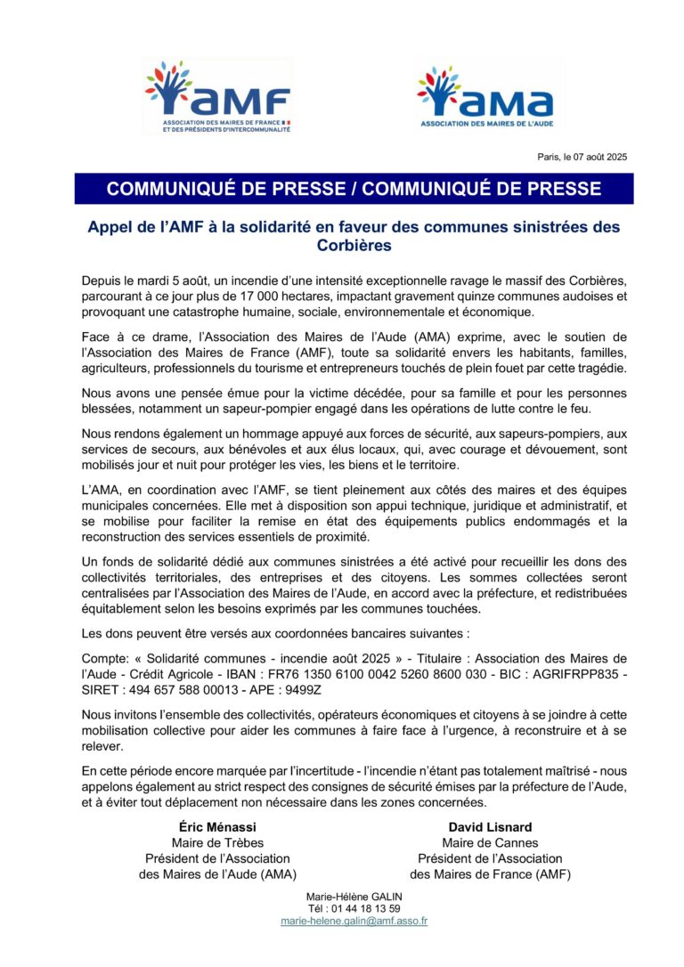 APPEL DE L’AMF ET DE L’AMA À LA SOLIDARITÉ EN FAVEUR DES COMMUNES SINISTRÉES DES CORBIÈRES