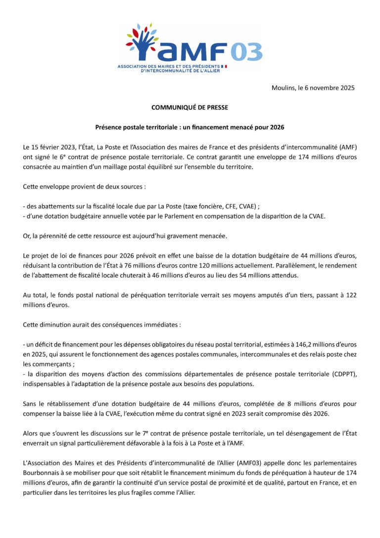 COMMUNIQUÉ DE PRESSE AMF03 – PRÉSENCE POSTALE TERRITORIALE : UN FINANCEMENT MENACÉ POUR 2026