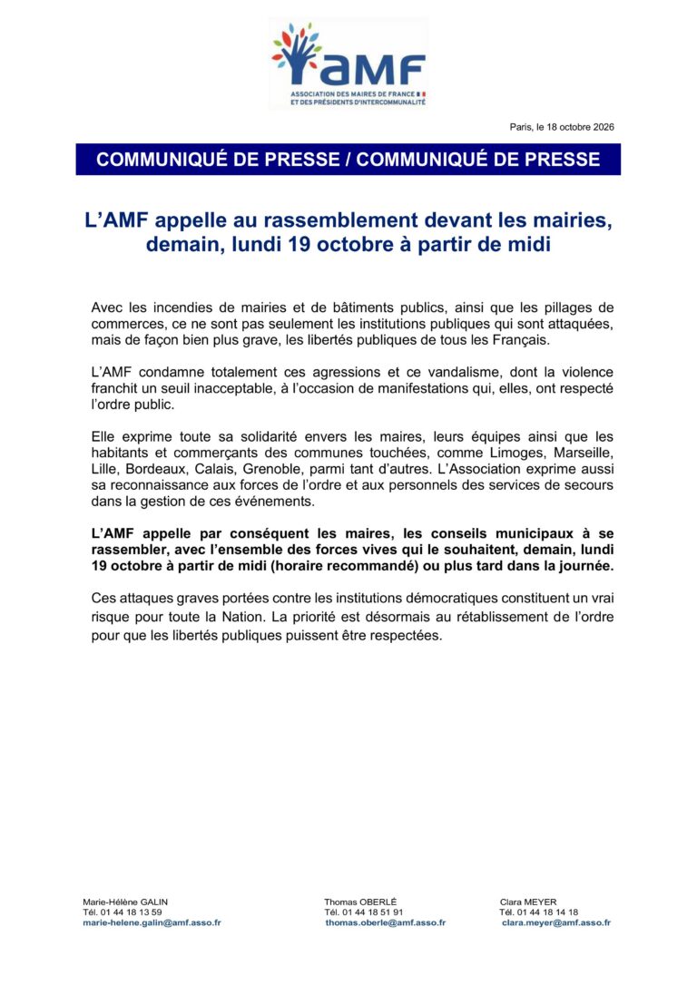 L’AMF APPELLE AU RASSEMBLEMENT DEVANT LES MAIRIES, DEMAIN, LUNDI 19 OCTOBRE À PARTIR DE MIDI